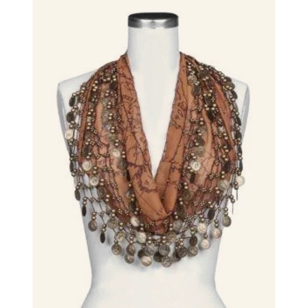 Patricia Nash Italian Scarf Coin Map Riot Rust Map Print Beaded Tassel NEW